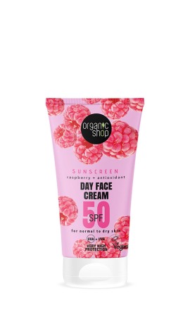 Organic Shop Sunscreen Day Face Cream Raspberry + Antioxidant for Normal to Dry Skin SPF50 50 ml